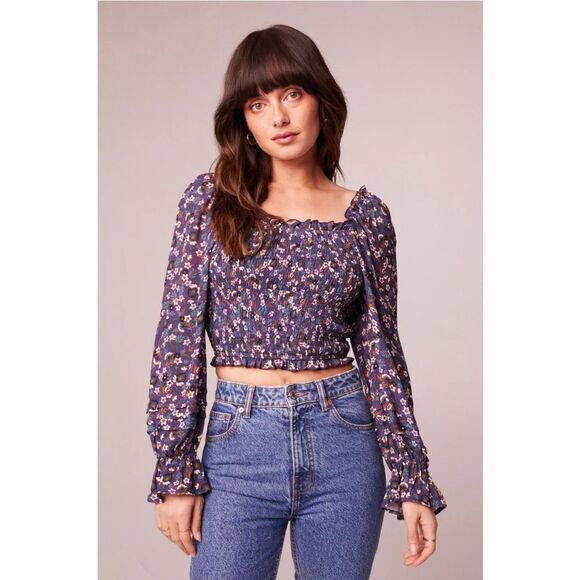 Band of the Free Agathe Purple Floral Smocked Boho Crop Top New S - Picture 1 of 5